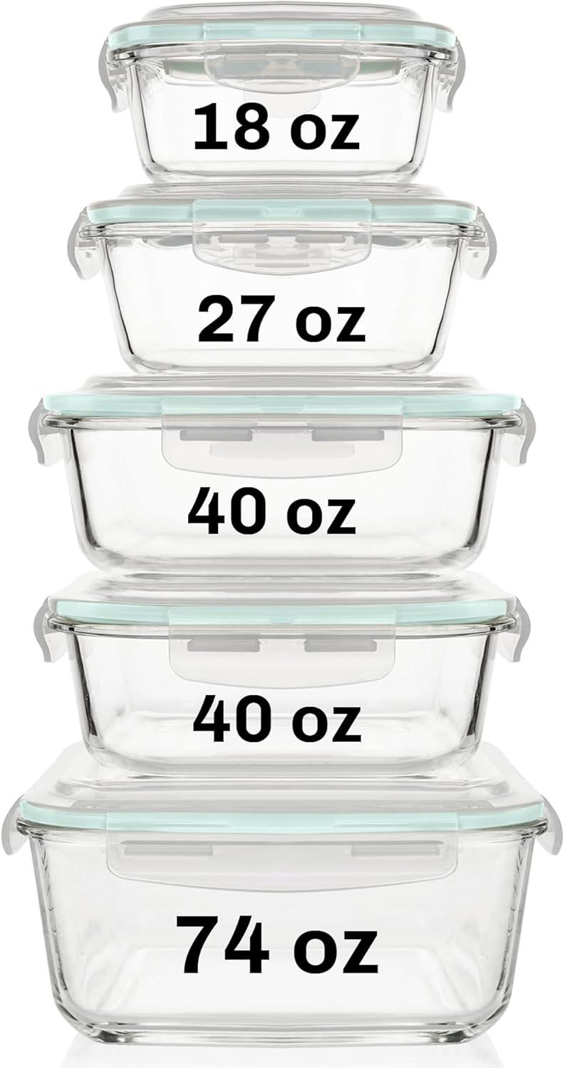 Razab 10-Piece Glass Food Storage Containers with Airtight Lids – Leakproof, BPA-Free, Oven, Microwave, Freezer & Dishwasher Safe Meal Prep Containers for Kitchen & Pantry Organization