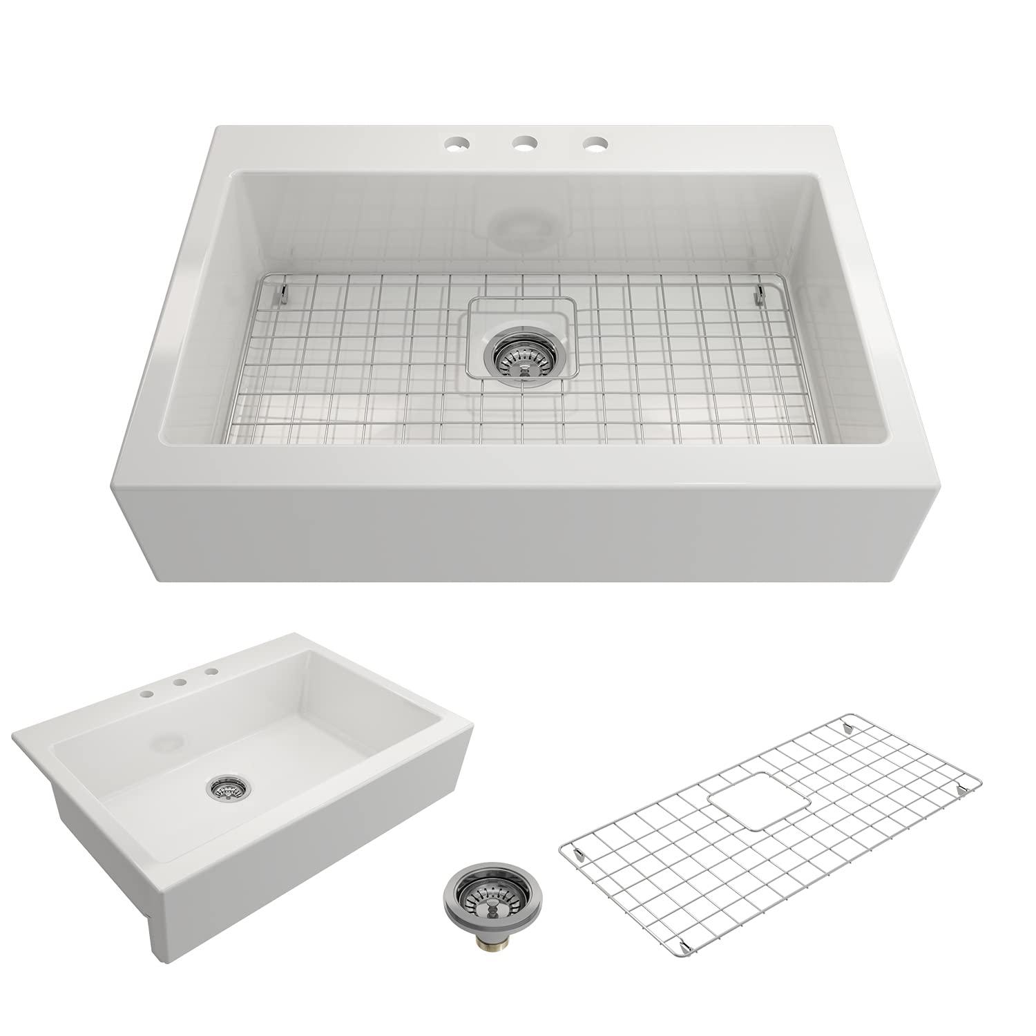 BOCCHI Nuova Apron Front Drop-In Fireclay 34 in. Single Bowl Kitchen Sink with Protective Bottom Grid and Strainer in White