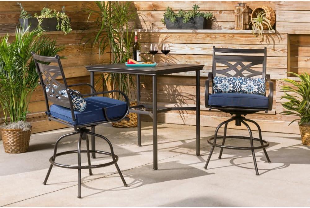 Hanover Montclair 3-Piece All-Weather Outdoor Patio Bistro Dining Set, 2 Swivel Rocker Chairs with Comfortable Seat and Lumbar Cushions, 27" Square Stamped Rectangle Table, MCLRDN3PCSW2-NVY