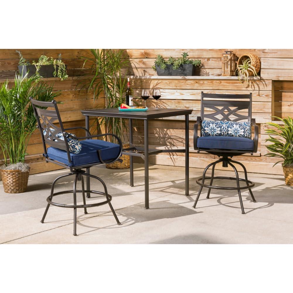 Hanover Montclair 3-Piece All-Weather Outdoor Patio Bistro Dining Set, 2 Swivel Rocker Chairs with Comfortable Seat and Lumbar Cushions, 27" Square Stamped Rectangle Table, MCLRDN3PCSW2-NVY