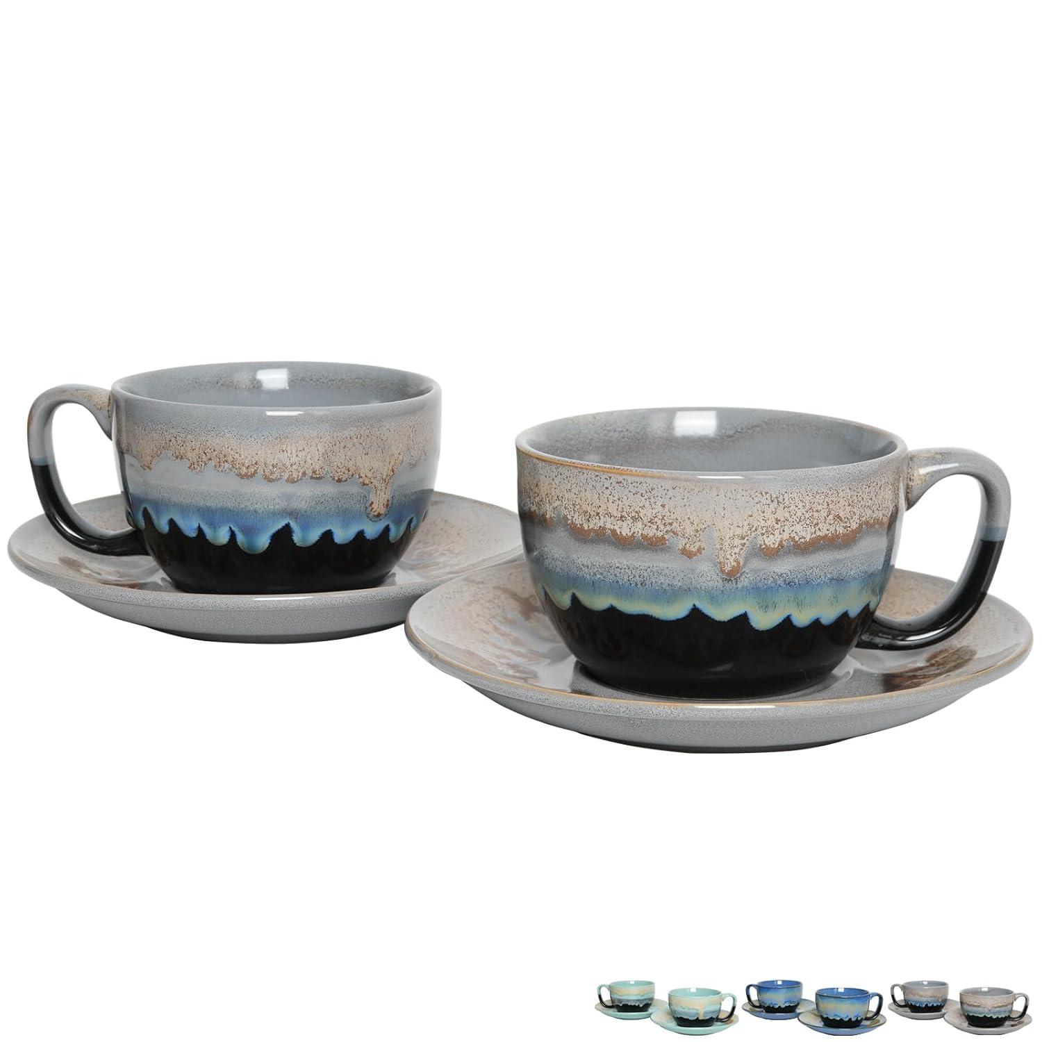 shuoli Ceramic Cappuccino Cup And Saucer Set Of 2, 10 Oz, Dishwasher And Microwave Safe, Coffee Cups For Latte, Espresso, Tea, Reavtive Glaze (Blue, 10 Oz) | Wayfair