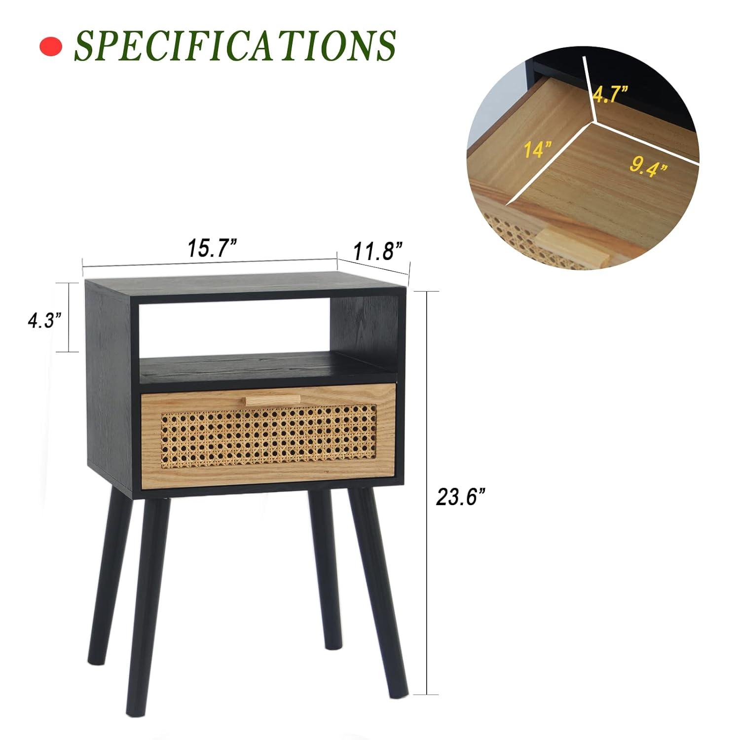 MaxSmeo Mid Century Modern Nightstand with Charging Station, Bedside Tables with Rattan Drawer, Small Wood Nightstand Side Table for Living Room,Bedroom (Black)