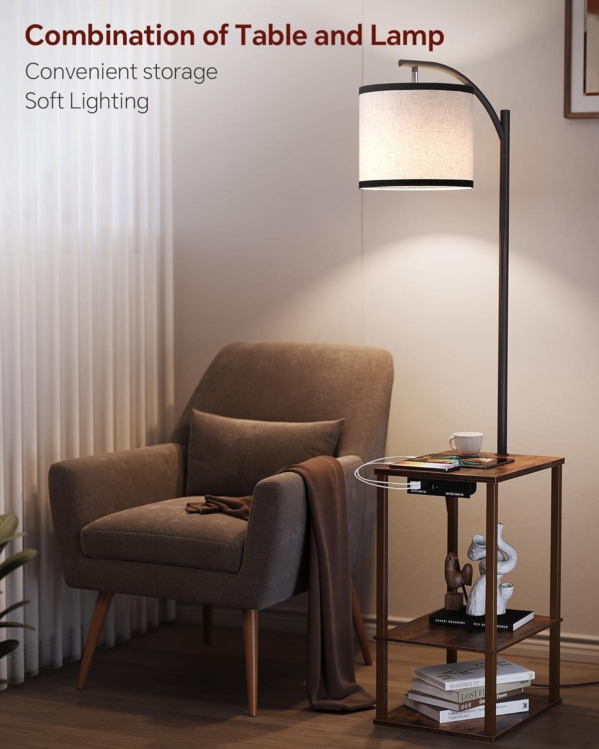 SUNMORY Floor Lamp with Table, Lamps for Living Room with USB Port, Attached End Table with Shelves, Brown