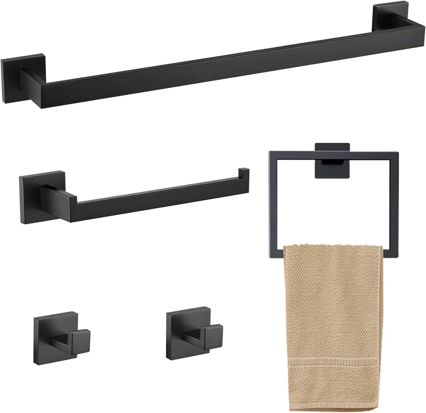 5 Pieces Square Matte Black Stainless Steel Bathroom Accessories Set Include 23.6 in Towel Bar, Toilet Paper Holder, Towel Ring, 2 Robe Towel Hooks