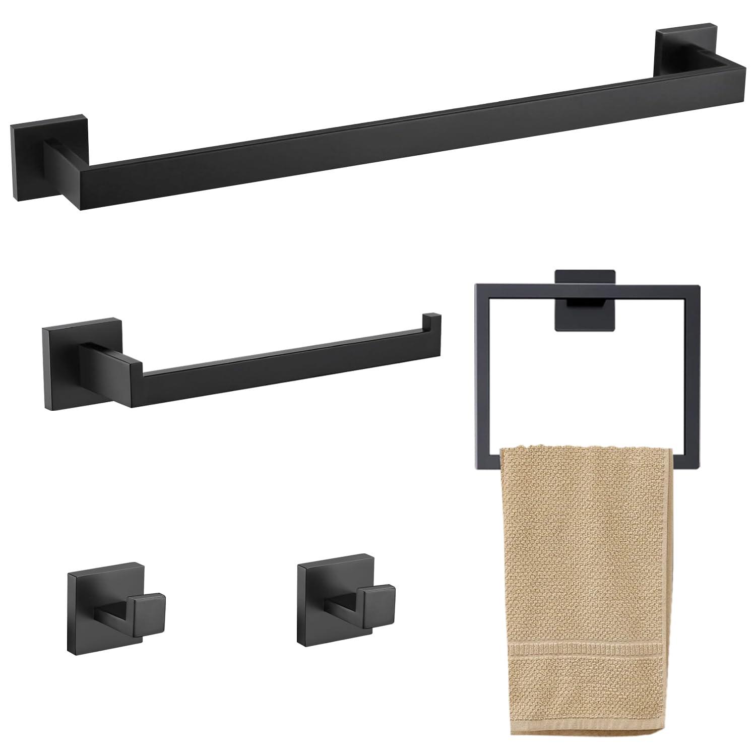 5 Pieces Square Matte Black Stainless Steel Bathroom Accessories Set Include 23.6 in Towel Bar, Toilet Paper Holder, Towel Ring, 2 Robe Towel Hooks