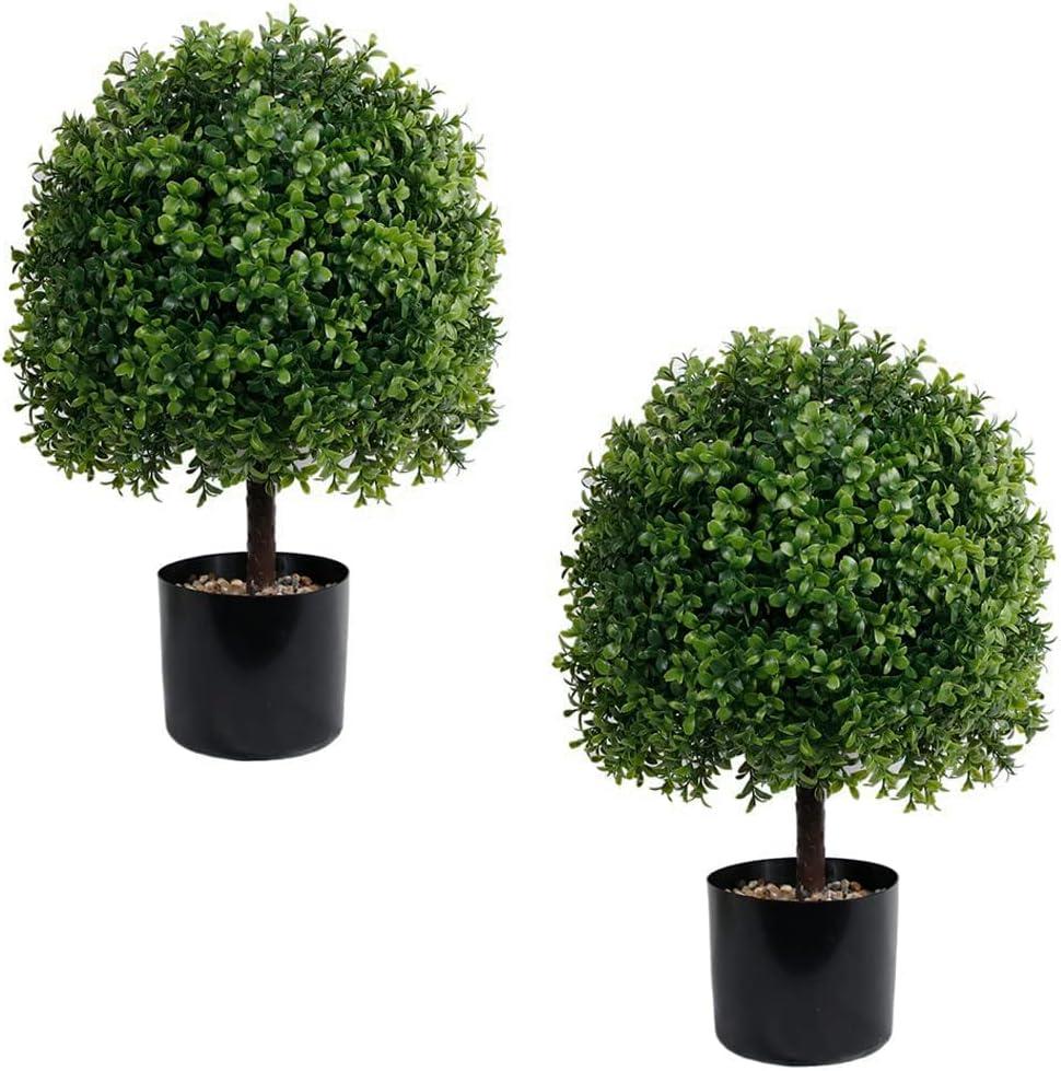 22’’ Faux Boxwood Topiary Ball Tree Set of 2, Artificial Plants Outdoor Weather Resistant, Cement-Filled Potted Bushes, Evergreen Topiary Trees Artificial for Porch Decoration Indoor Outdoor