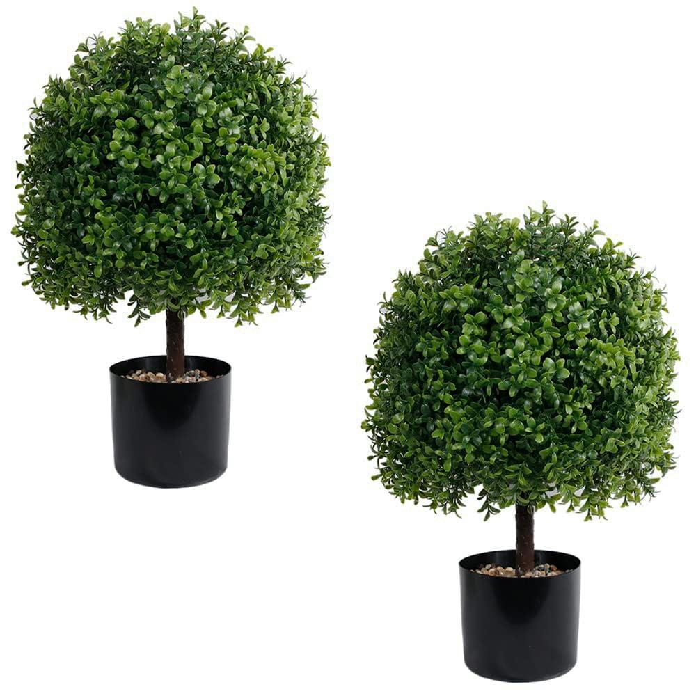22’’ Faux Boxwood Topiary Ball Tree Set of 2, Artificial Plants Outdoor Weather Resistant, Cement-Filled Potted Bushes, Evergreen Topiary Trees Artificial for Porch Decoration Indoor Outdoor