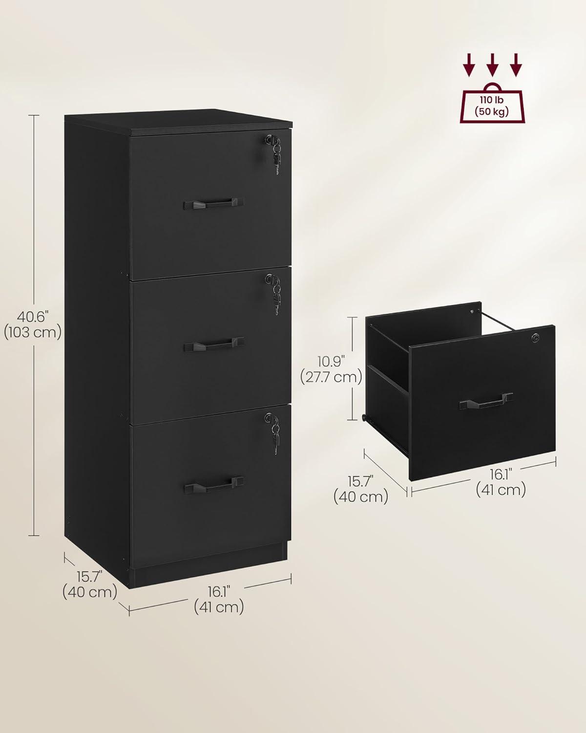 Ink Black Vertical 3-Drawer Lockable File Cabinet