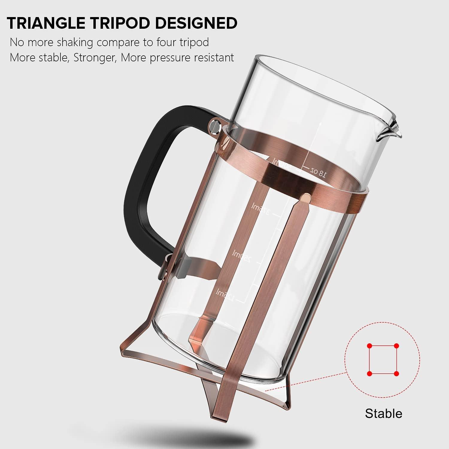 French Press Coffee Maker (21oz 600ML 3-4Cup) Coffee Press, with 4 Filters System, Heat Resistant Thickness Borosilicate Glass, Cold Brew Coffee Tea Pot Gifts (Copper)