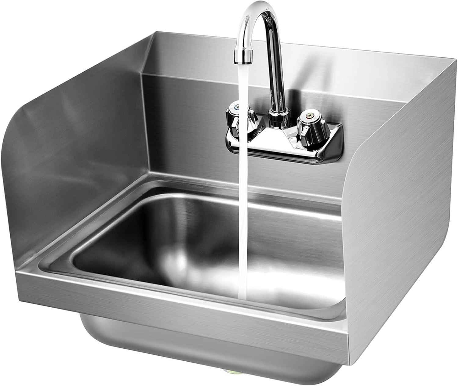 Tangkula Stainless Steel Sink NSF Wall Mount Hand Washing Sink with Faucet & Side Splash