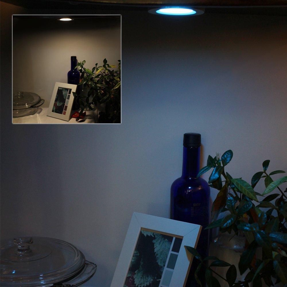 TORCHSTAR Set of 3 Multicolor LED Under Cabinet Lighting Kit, UL-Listed Power Adapter, Surface and Recessed Mount LED Puck Lights, IR Remote Control, Warm White
