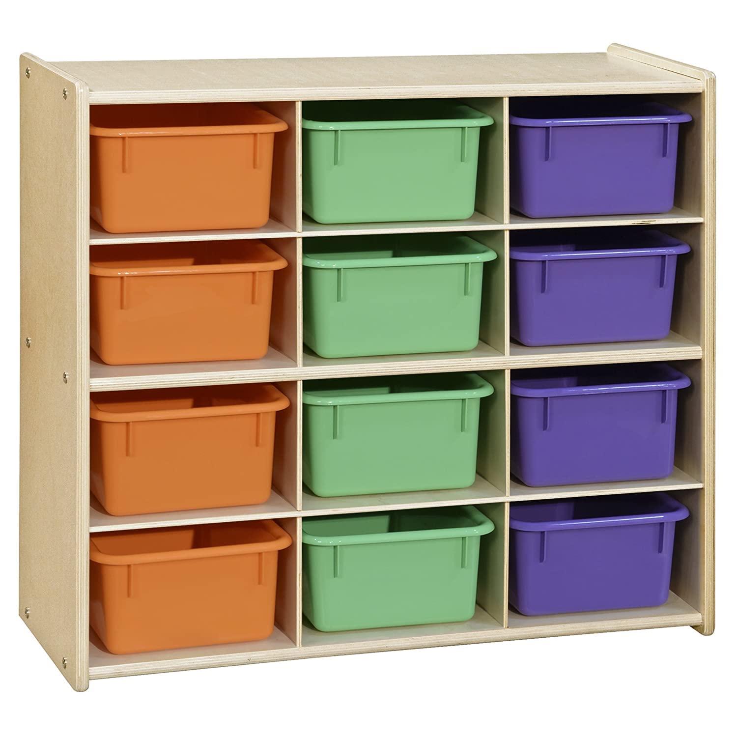 Birch Wood 12-Cubby Storage Unit with Assorted Pastel Trays