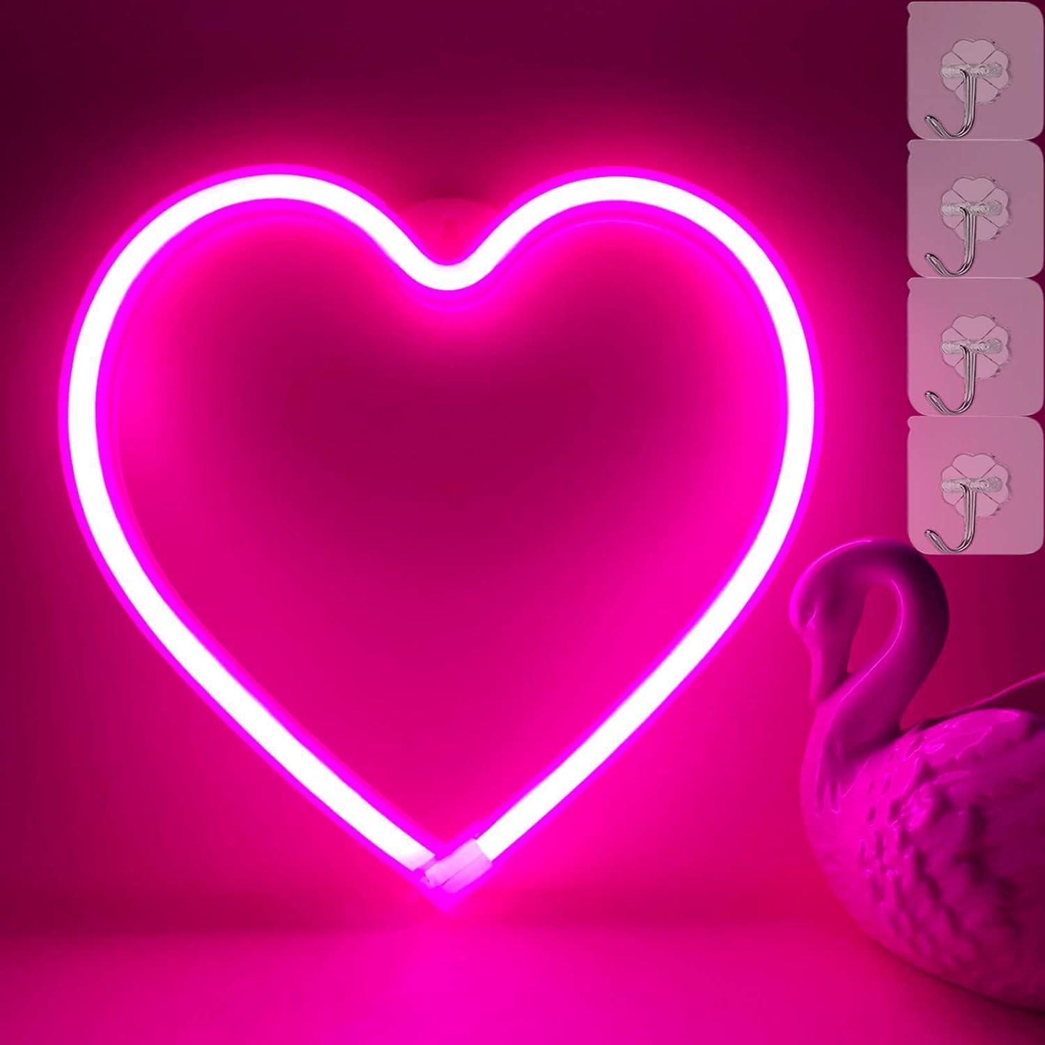 Heart Neon Sign Neon Heart Lights Pink Heart Led Light, Led Heart Lamp Heart Decorations for Home, Hanging Heart Gifts Heart Wall Decor Usb/Battery Operated Heart Light for Bedroom Living Room