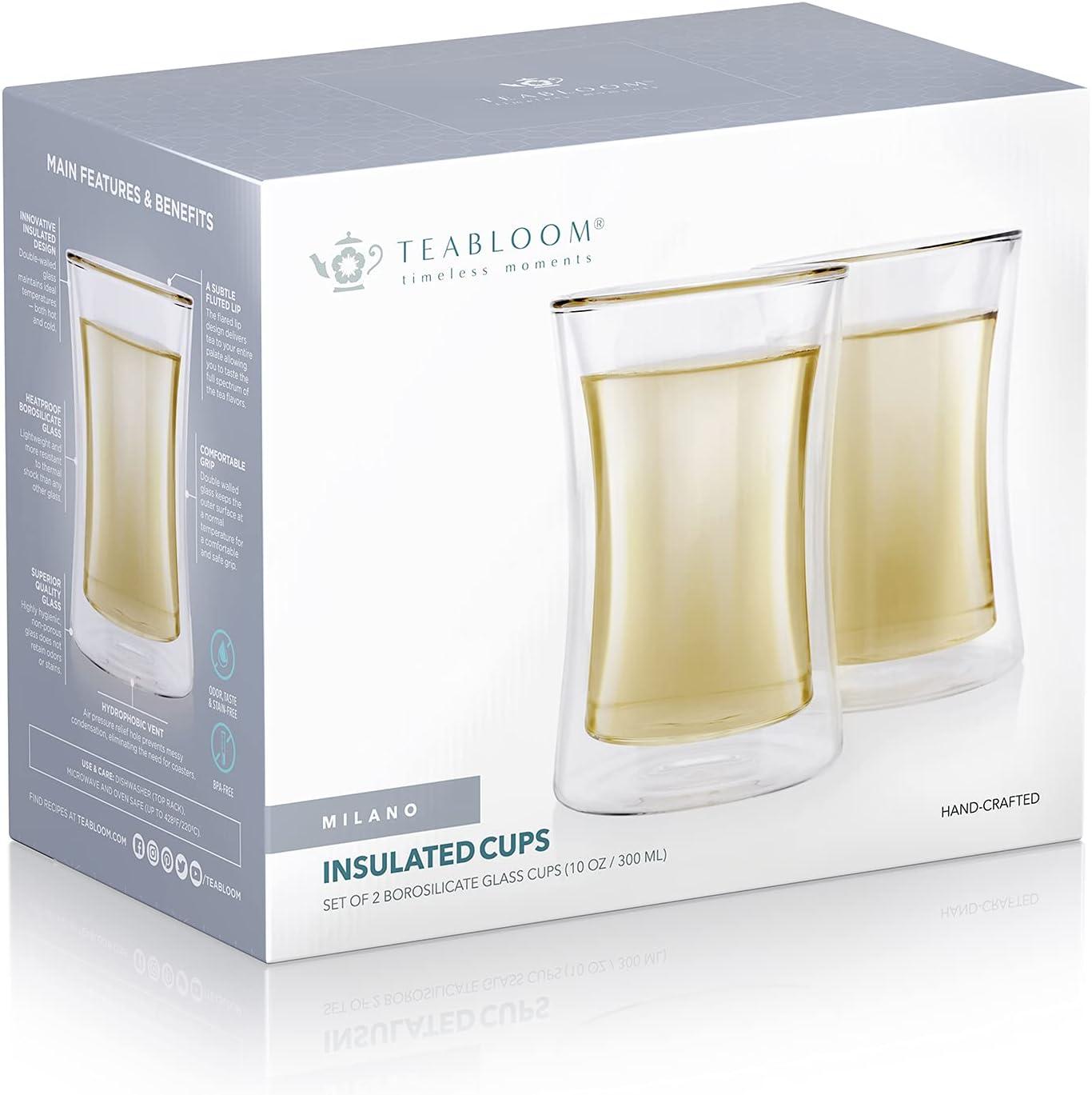 Teabloom Modern Insulated Tasting Glass Cups - Set of 2 Double Walled Glasses (10 oz / 300 ml) - Milano Collection