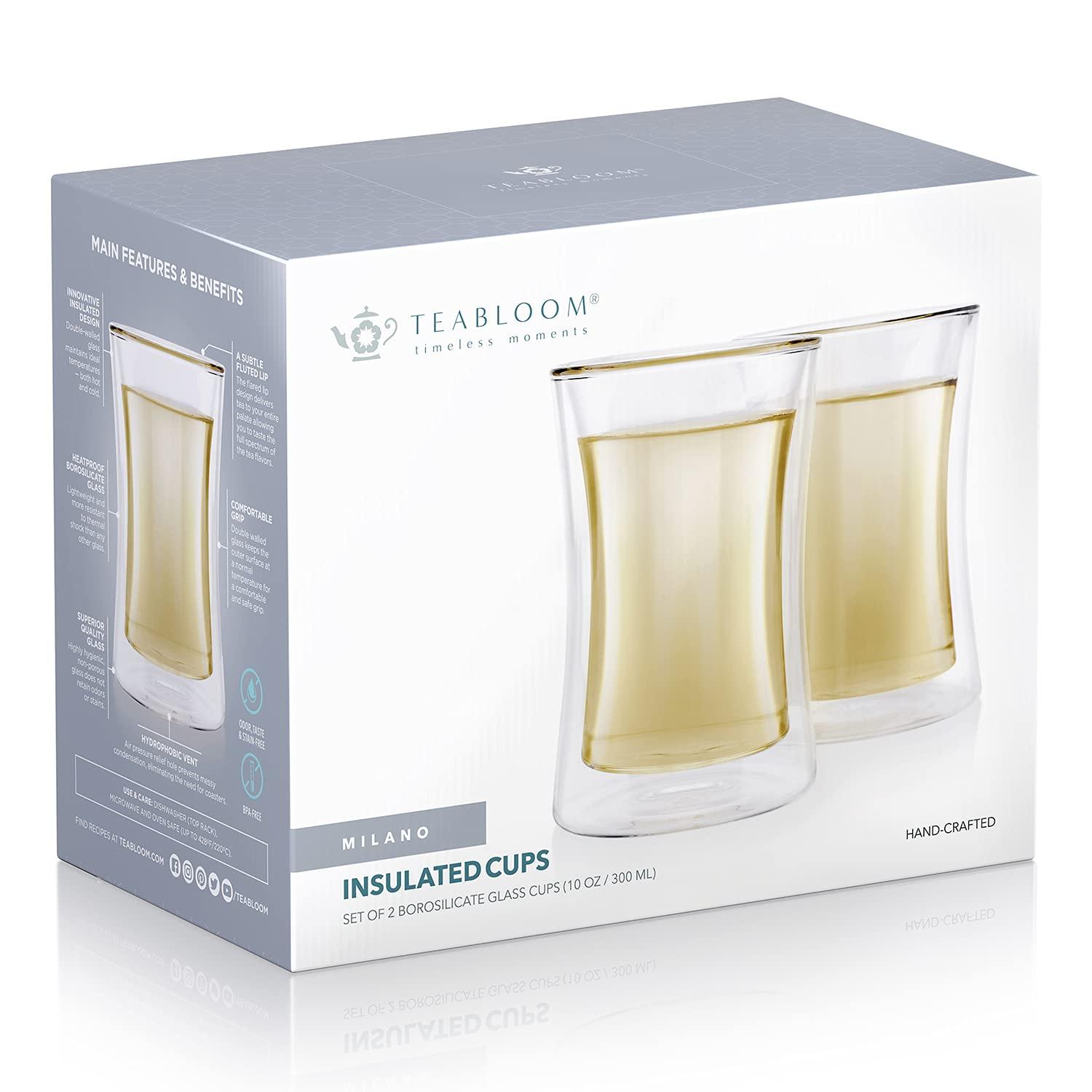 Teabloom Modern Insulated Tasting Glass Cups - Set of 2 Double Walled Glasses (10 oz / 300 ml) - Milano Collection
