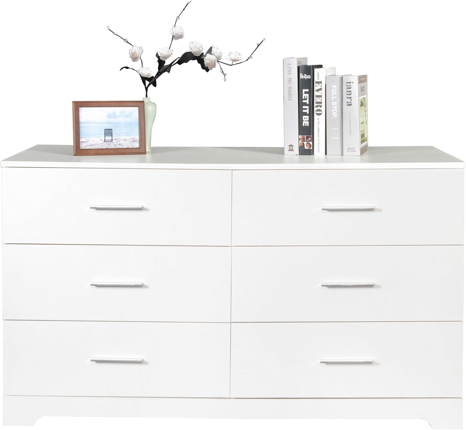 Ktaxon Bedroom Dresser with 6 Drawers, Wooden Double Dresser for Entryway, Wide Storage Cabinet for Living Room, White