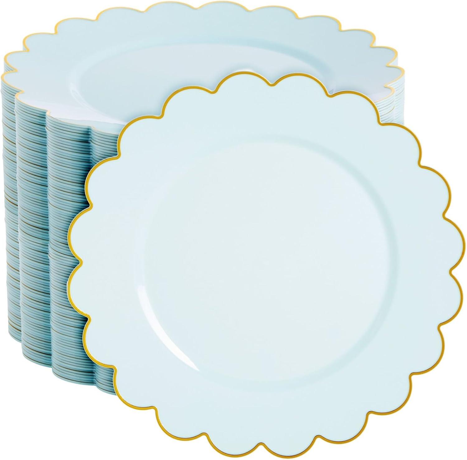 Baby Blue Scalloped Plastic Plates with Gold Foil Rim, 9-Inch, 50-Pack