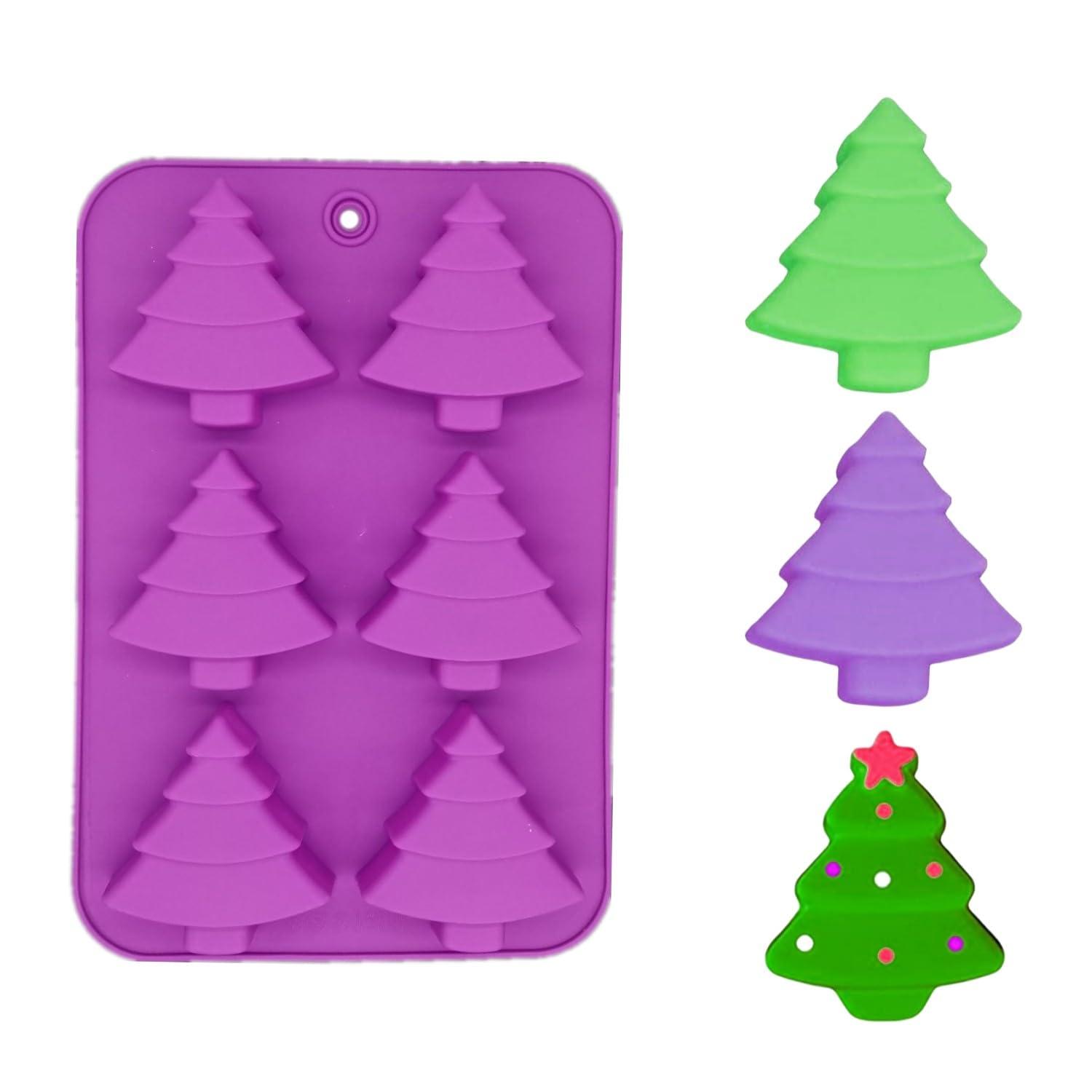 3 Pack Christmas Tree Silicone Molds,6 Cavity Candy Baking Trays for Holiday Cakes,Candies,Gummy,Chocolates,Jelly,Soap,Ice Cube,Cookies (red, green, purple)