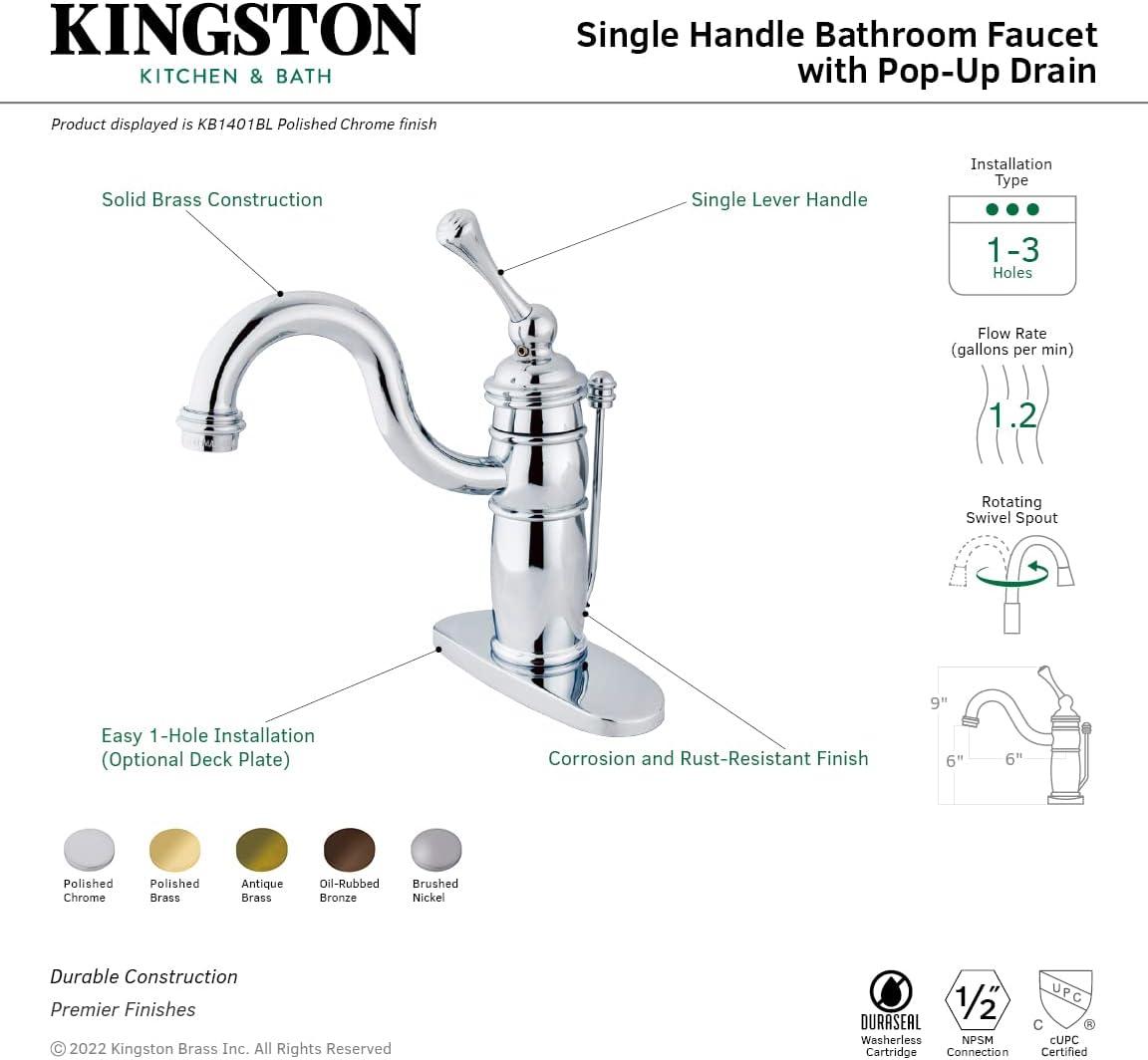 Kingston Brass Victorian Single-Handle 1-Hole Deck Mount Bathroom Faucet with Plastic Pop-Up