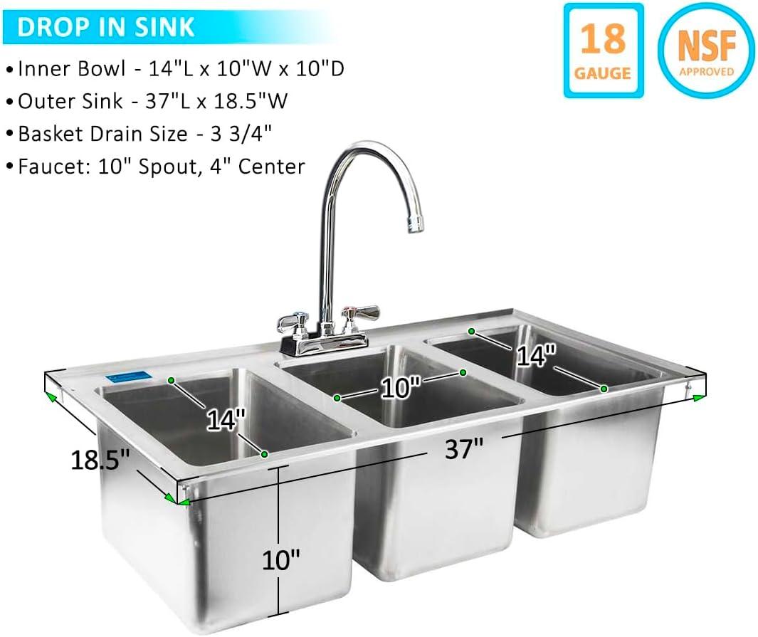 37" L x 18" W Stainless Steel 3 Compartment Drop in Sink