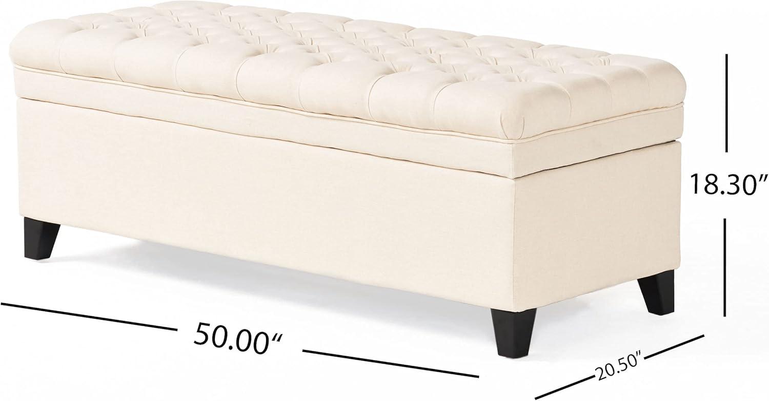 Beige Tufted Fabric Storage Ottoman with Birch Legs