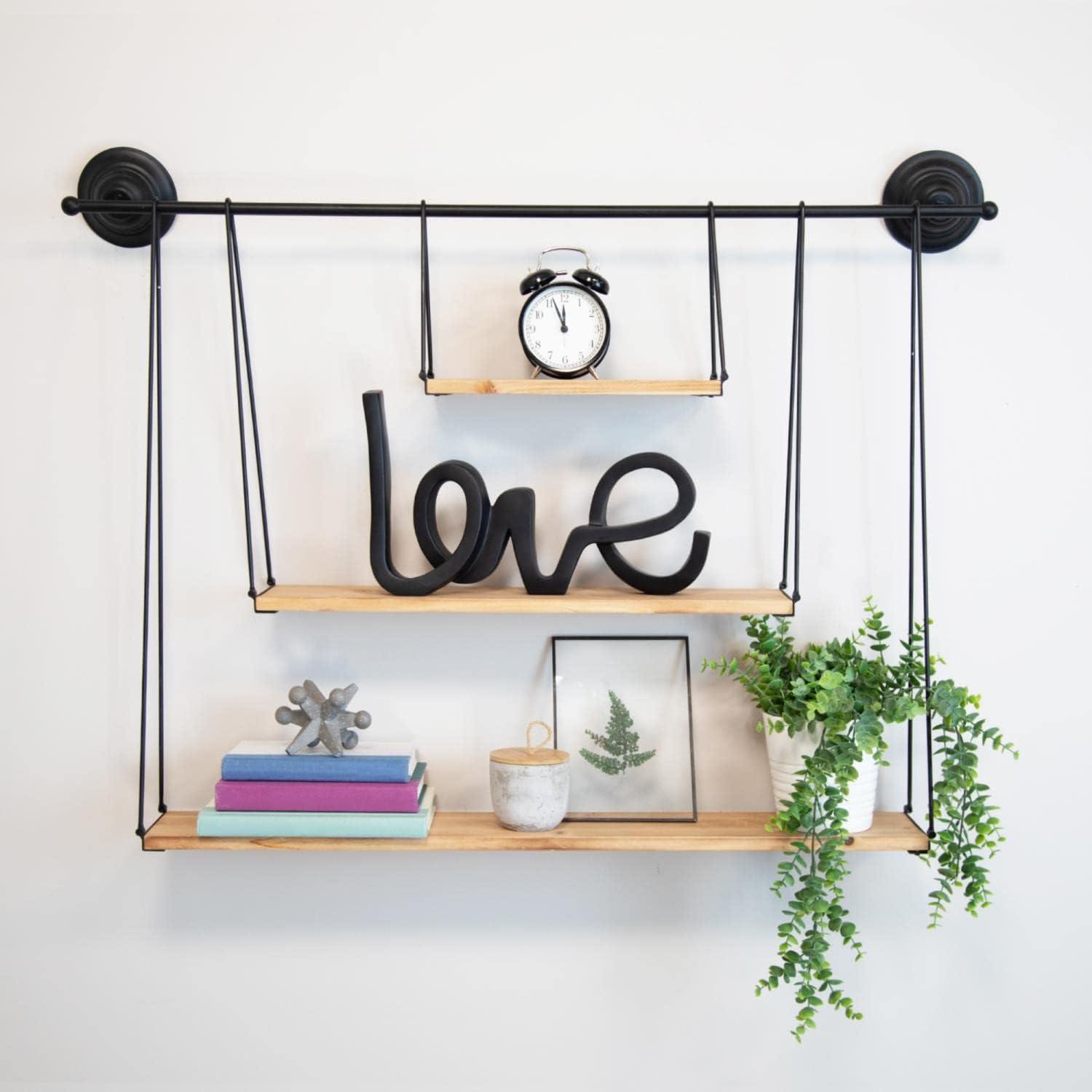 Modern Black Fir Wood and Metal 3-Tier Wall Shelf