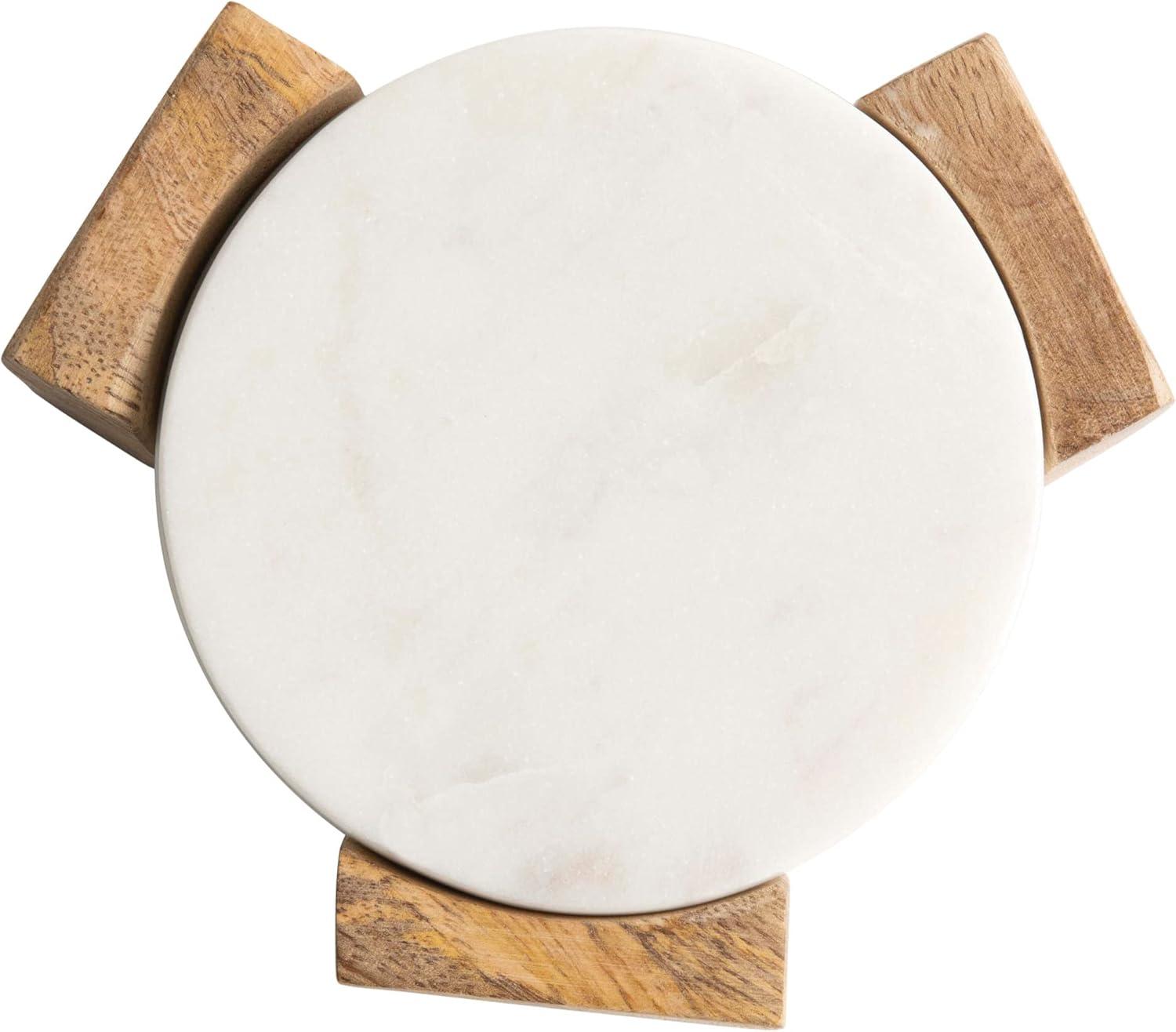 Bloomingville Round Marble Coasters with Mango Wood Holder (Set of 5 Pieces)