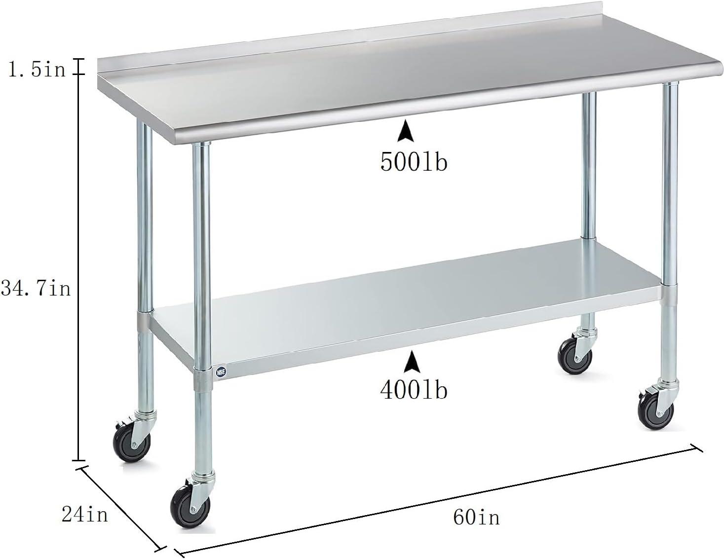 AmGood 60" Long x 24" Deep Stainless Steel Work Table With Open Base and Wheels | Mobile Metal Table