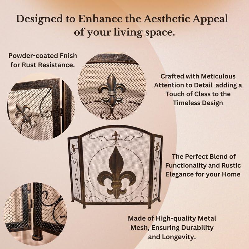 BestGiftEver 3-Panel Fireplace Screen Decorative with Fleur De Lis Design Vintage Golden Bronze Tone - Stand Alone Decorative Wrought Iron Mesh French Royal Style Fireplace Cover, Classic Home Decor