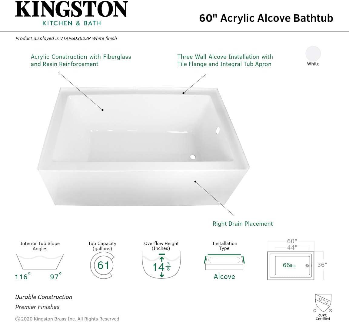 Kingston Brass Aqua Eden 60-Inch Acrylic Rectangular 3-Wall Alcove Tub