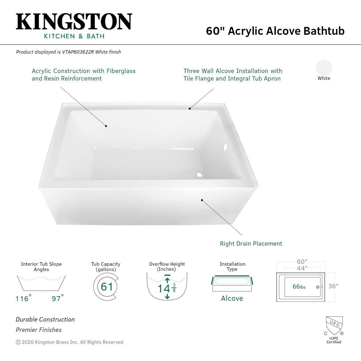 Kingston Brass Aqua Eden 60-Inch Acrylic Rectangular 3-Wall Alcove Tub