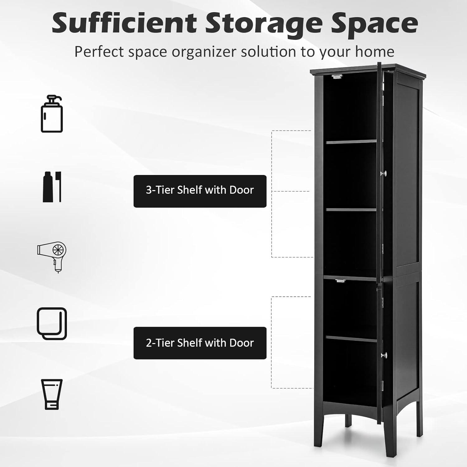 5 Tier Wooden Freestanding Tower Cabinet Tall Bathroom Storage Cabinet Black