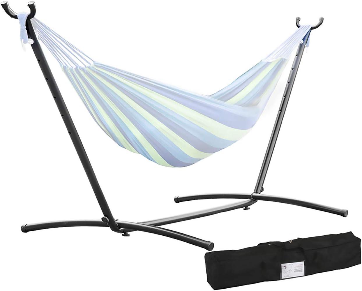 SUNDAN Two Person Hammock Adjustable Hammock Bed with Space Saving Steel Stand Portable Carrying Case Easy Set Up Indoor Hammock Standing Hammock for Outside Hammock Stand Portable