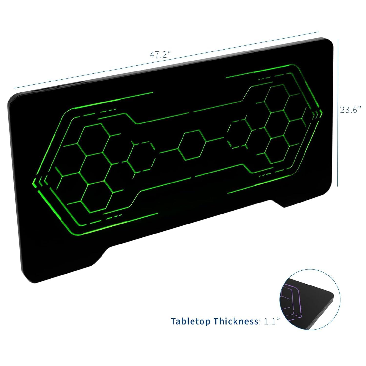 Universal 48 x 24 inch Solid One-Piece Tempered Glass Gaming Desktop with Breathing RGB Geo-Honeycomb LED Lights for Sit Stand Height Adjustable Desks, Gamer Workstation, Black, DESK-TOP48BG