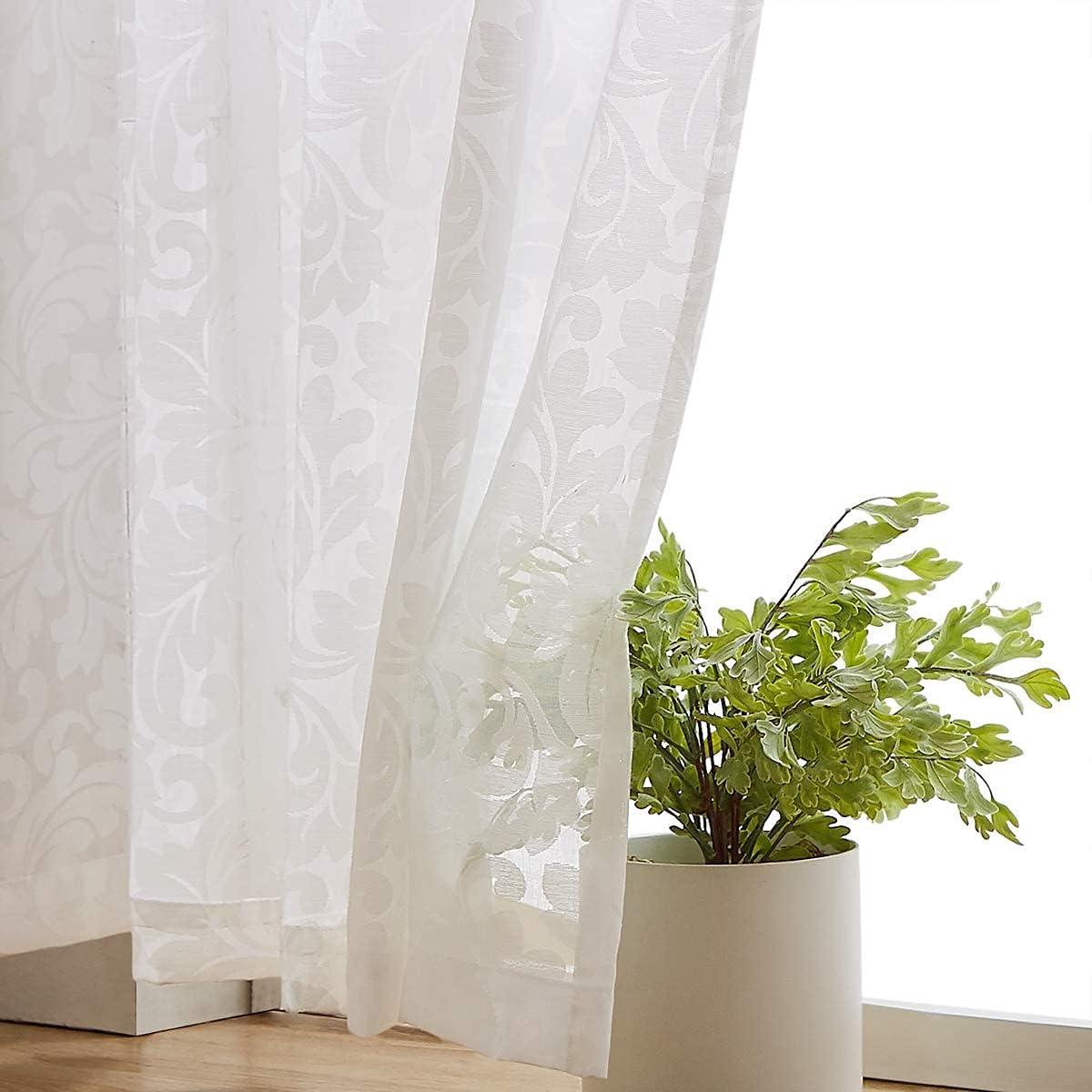 White Sheer Damask Floral Rod Pocket Curtain Panels