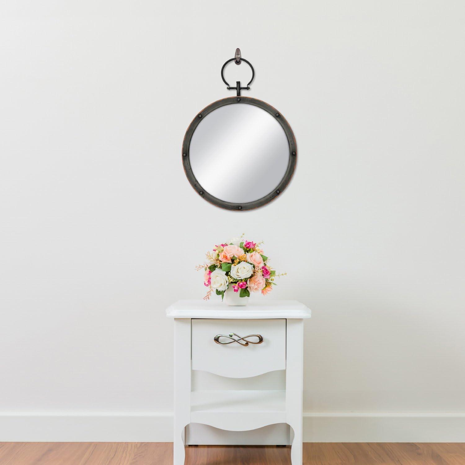 Rustic Bronze Round Wall Mirror with Rivet Detail and Hanging Loop