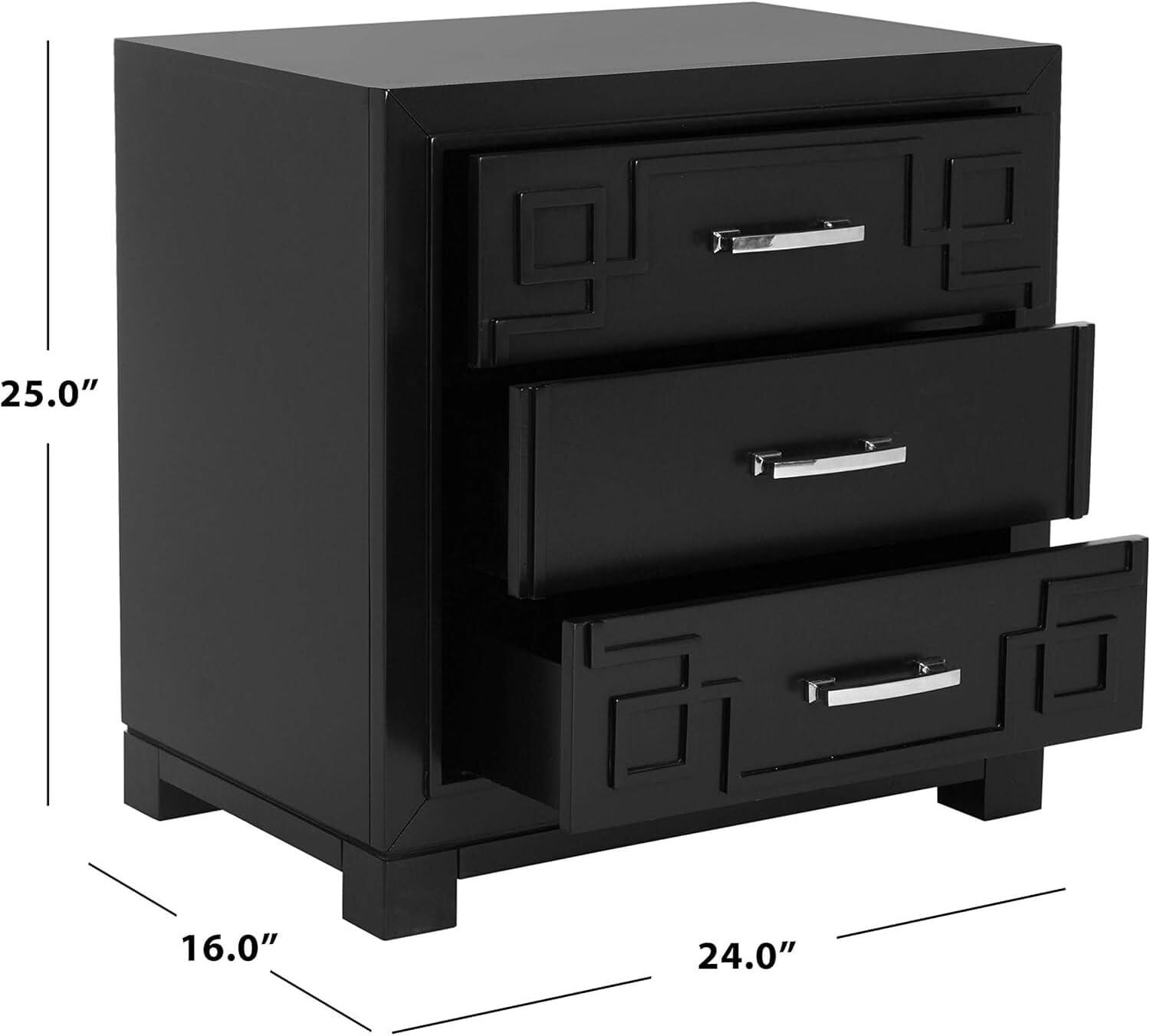 Raina 3 Drawer Greek Key Nightstand - FOX6278 - Black - Safavieh Couture