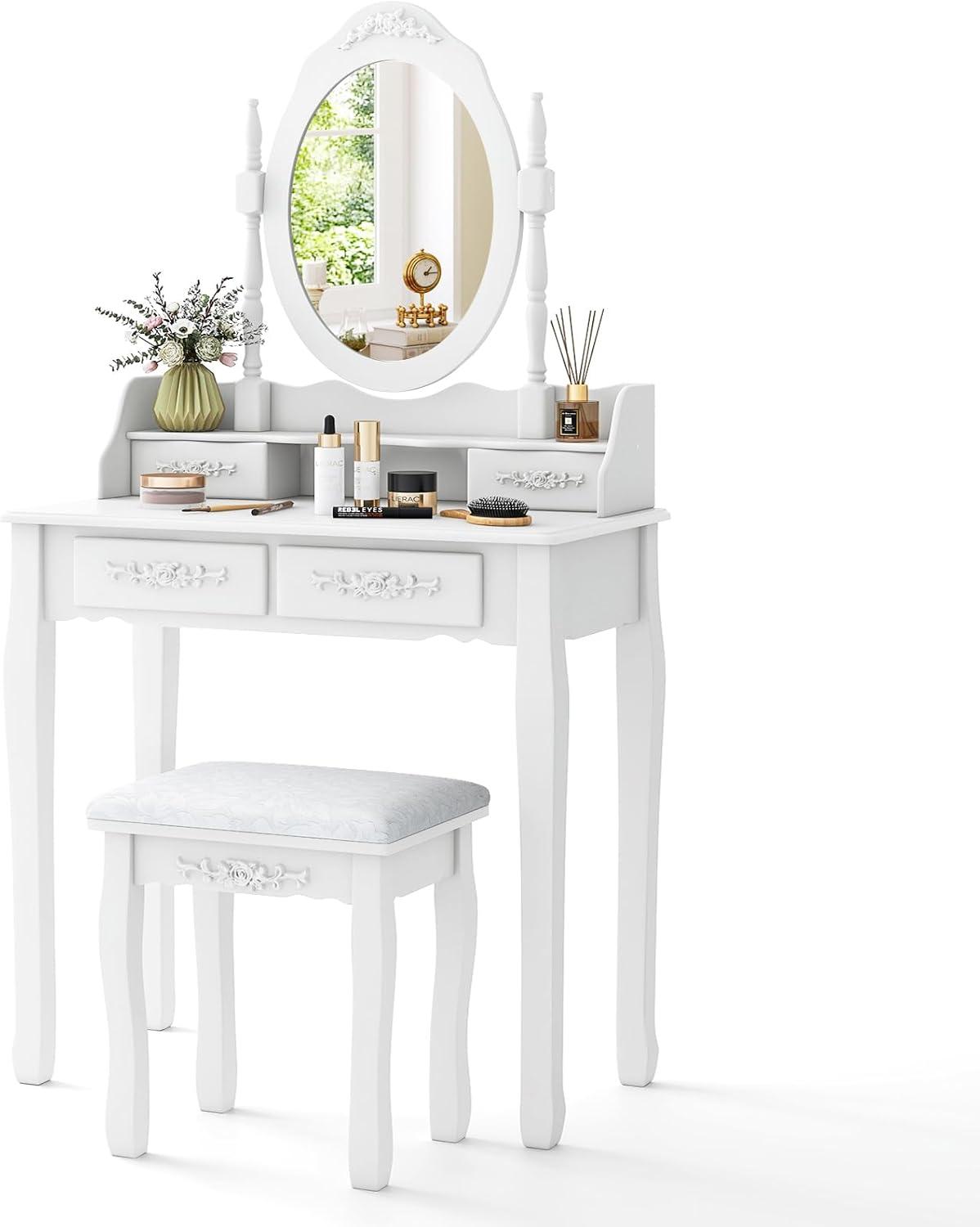 Giantex Girls Vanity Desk with 4 Drawers, White Makeup Vanity Table with Mirror and Cushioned Stool, Rose Shaped Knobs, Modern Bedroom Dressing Table for Small Place Apartment