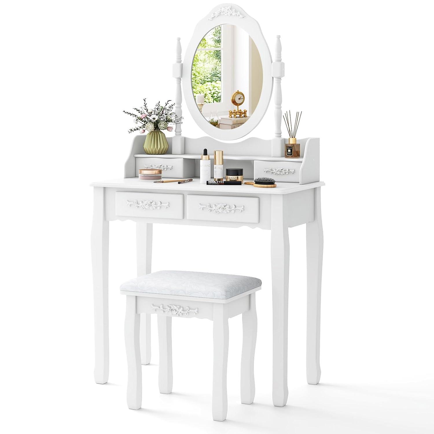 Giantex Girls Vanity Desk with 4 Drawers, White Makeup Vanity Table with Mirror and Cushioned Stool, Rose Shaped Knobs, Modern Bedroom Dressing Table for Small Place Apartment