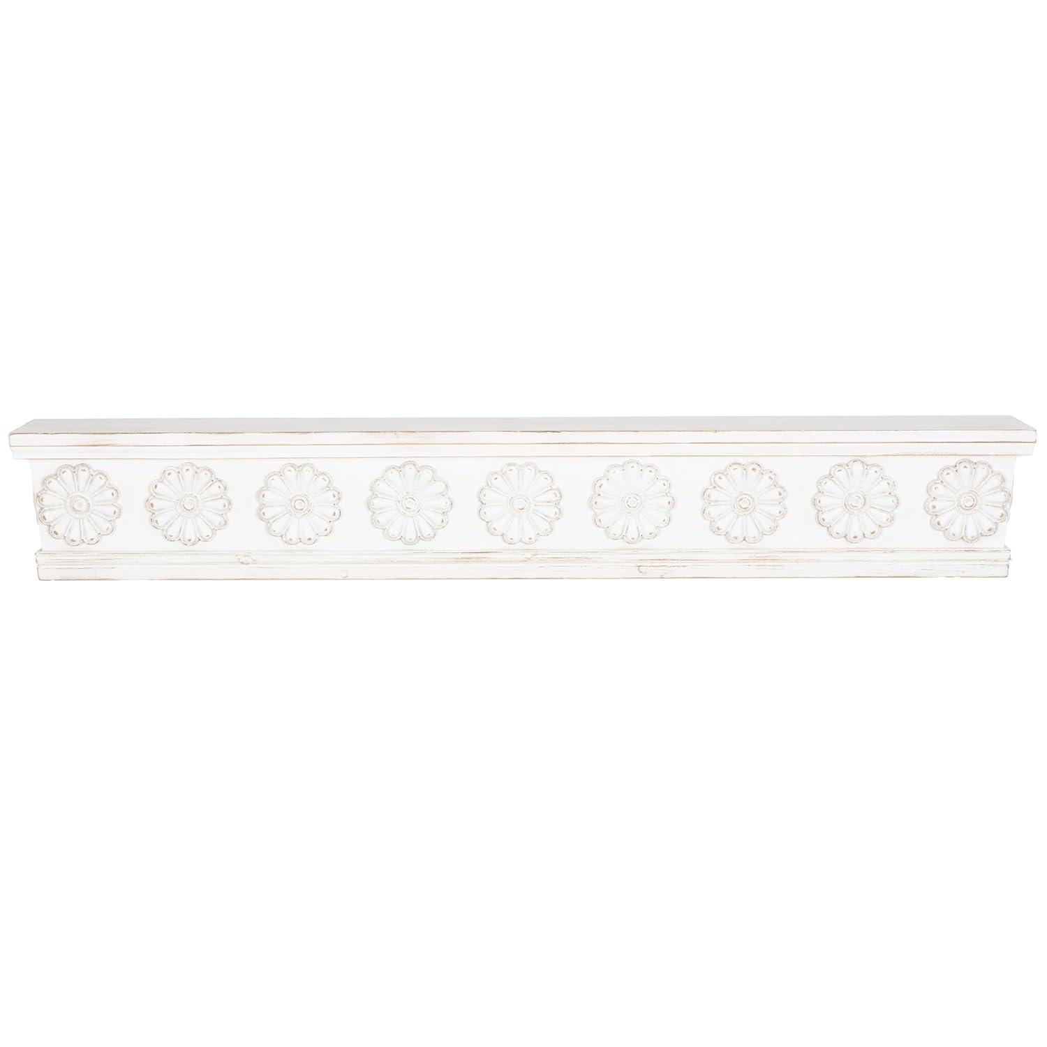 DecMode 36" x 5" Intricate Carved 1-Tier White Floral Wall Shelf