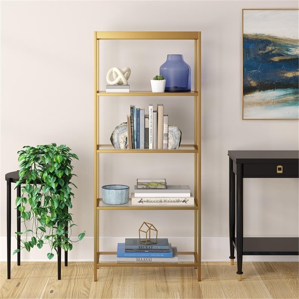 Aurelia 70'' Brass and Tempered Glass Minimalist Bookcase