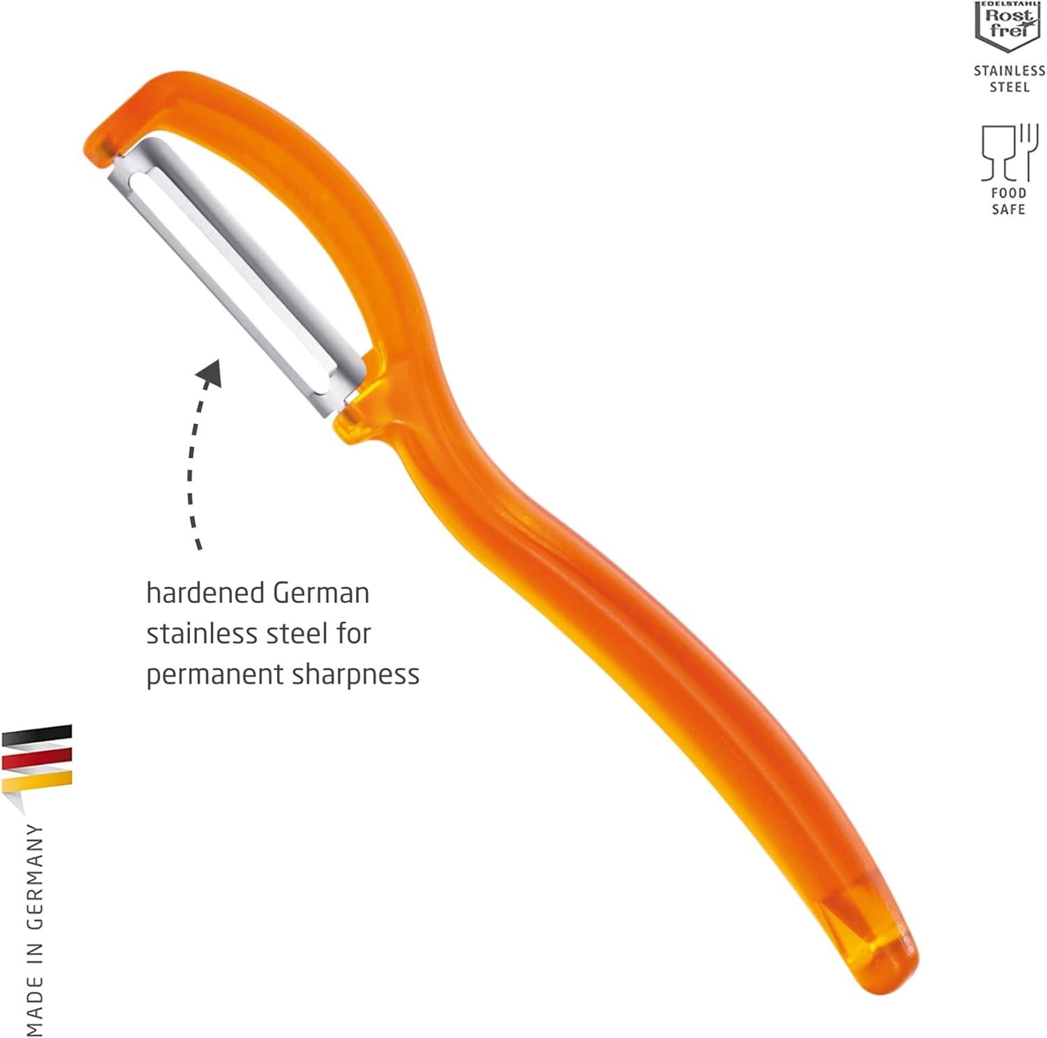 triangle Swivel Peeler, Orange - Stainless Steel Straight Twin Blade - Peels Hard-Skinned Fruits & Vegetables - Lightweight Handle - Dishwasher Safe - Made in Germany