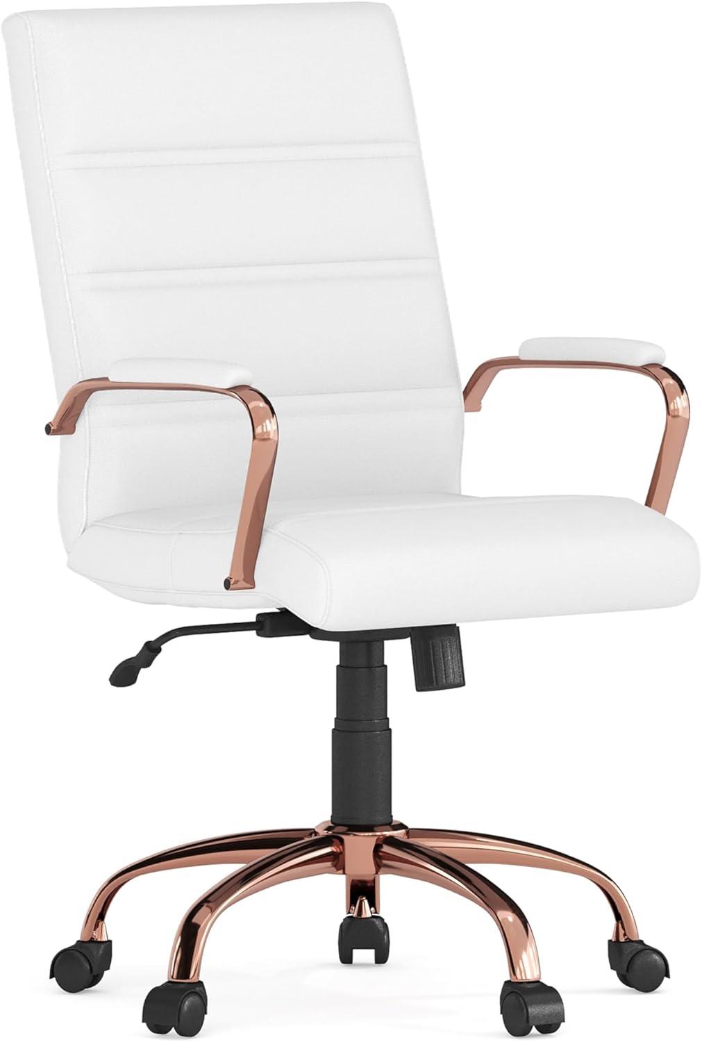 Mid-Back White LeatherSoft Swivel Executive Chair with Rose Gold Metal Frame