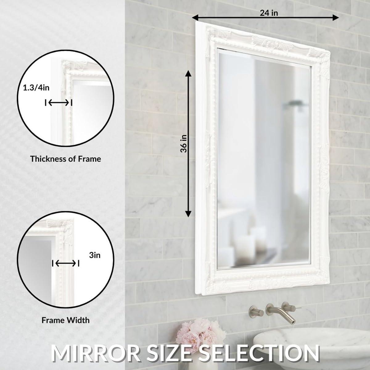 Elegant Glossy White Rectangular Wood Wall Mirror with Beaded Accents