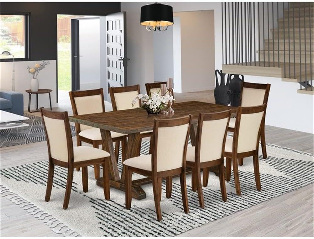 East West Furniture 9-Piece Dining Room Set Includes a Dinner Table and 8 Light Beige Linen Fabric Upholstered Chairs with Stylish Back - Distressed Jacobean Finish
