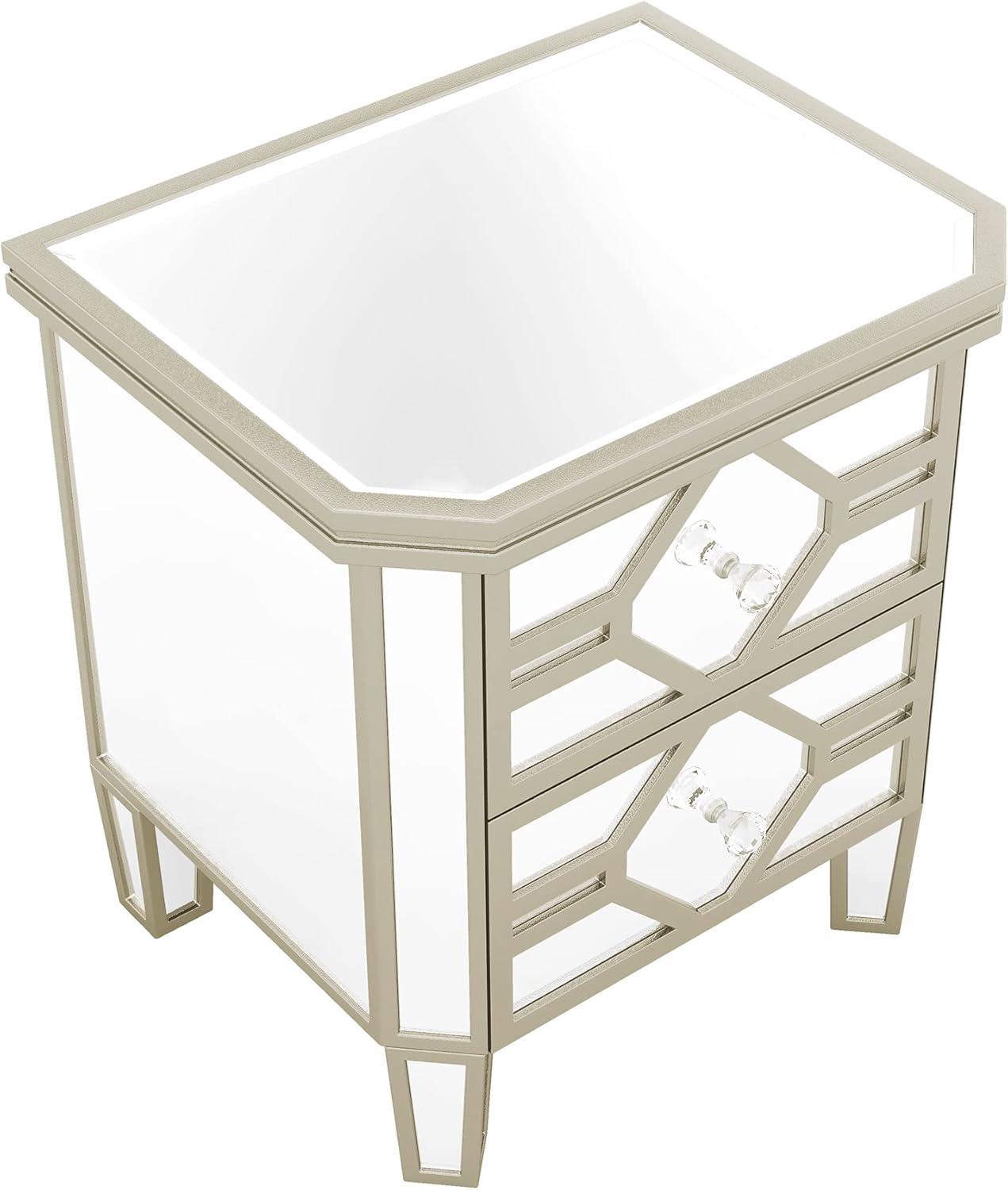 Elegant Silver Mirrored 2-Drawer Nightstand with Golden Accents