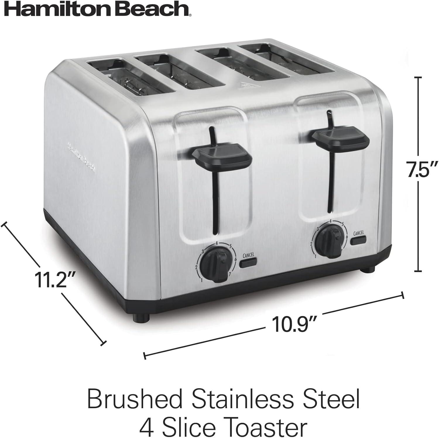 Hamilton Beach® Brushed Stainless Steel 4-Slice Toaster with Extra Wide Slots for Bagels, Shade Selector, Toast Boost, Slide-Out Crumb Tray, Auto-Shutoff and Cancel Button