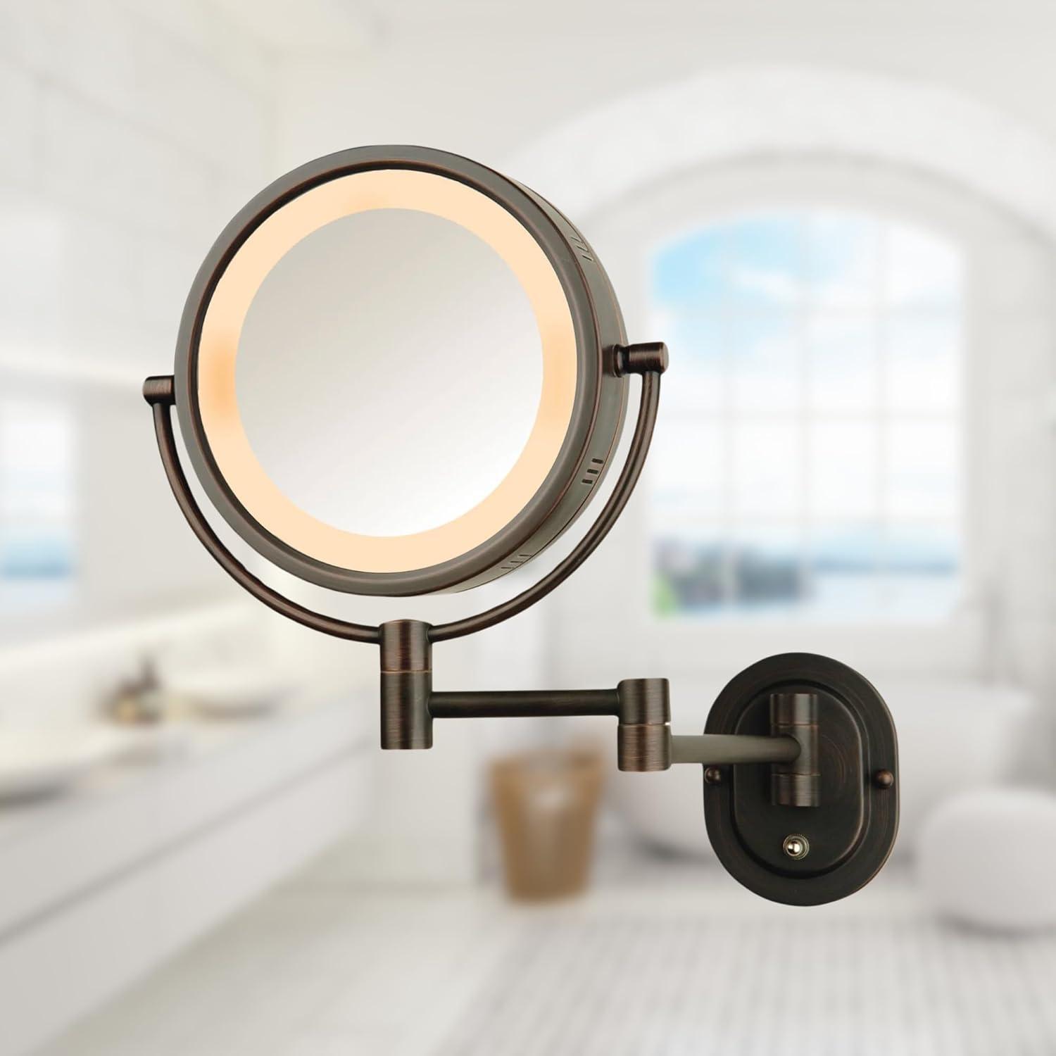 Jerdon 8-inch Diameter Lighted Makeup Mirror, 5X-1X Magnification - Bronze Finish- Direct Wire - Model HL65BZD