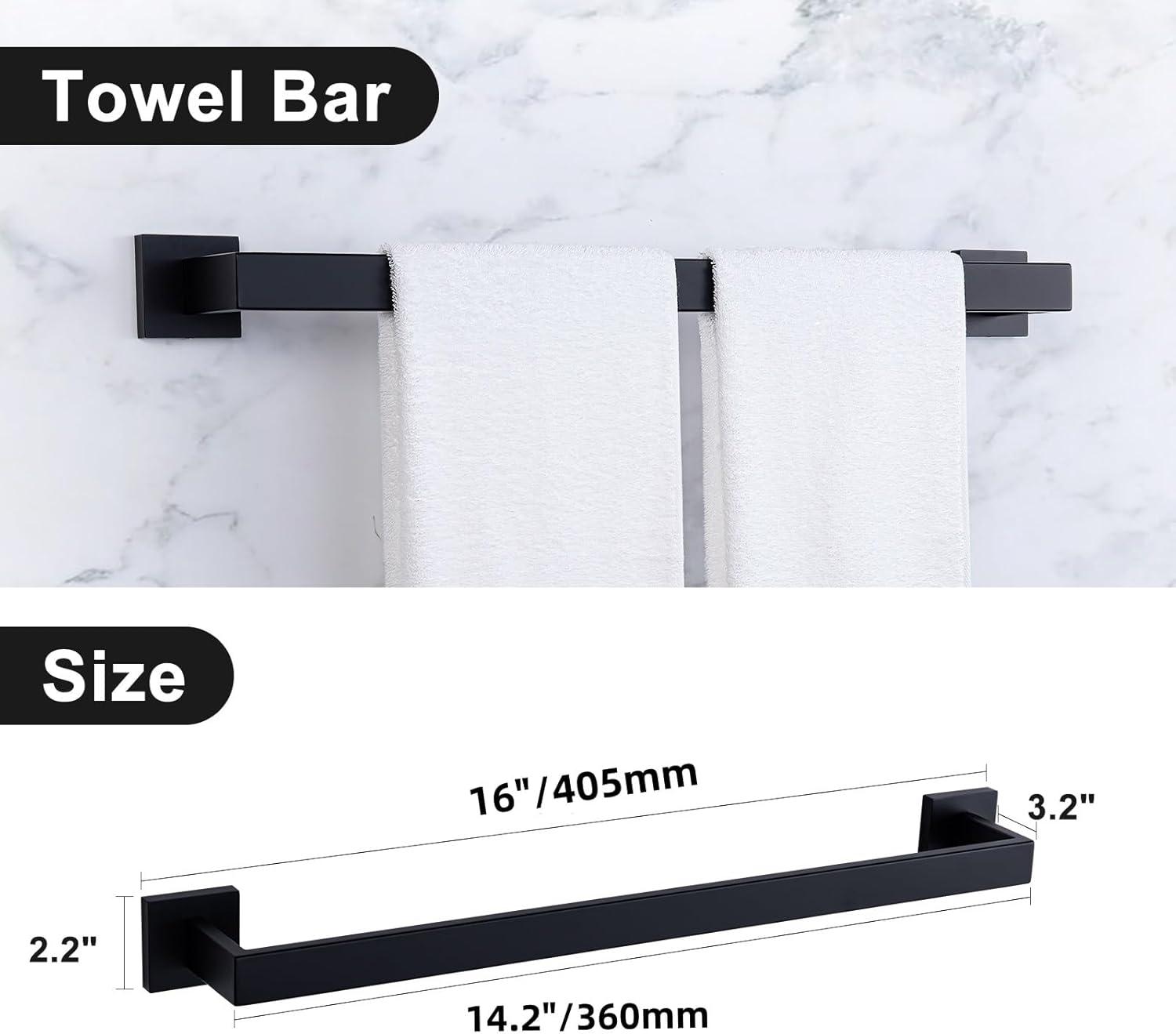 Bathroom Hardware Accessories Set Matte Black,5-Piece Black Towel Bar Set 16" Wall Mounted Towel Holder Stainless Steel-Includes Towel Bar,Robe Towel Hooks,Toilet Paper