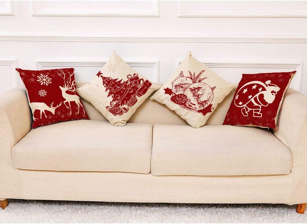 Bibana 4PCS 18"x18" Throw Pillow Covers Christmas Decorative Couch Pillow Cases Cotton Linen Pillow Square Cushion Cover for Sofa, Couch, Bed (Red and Beige)